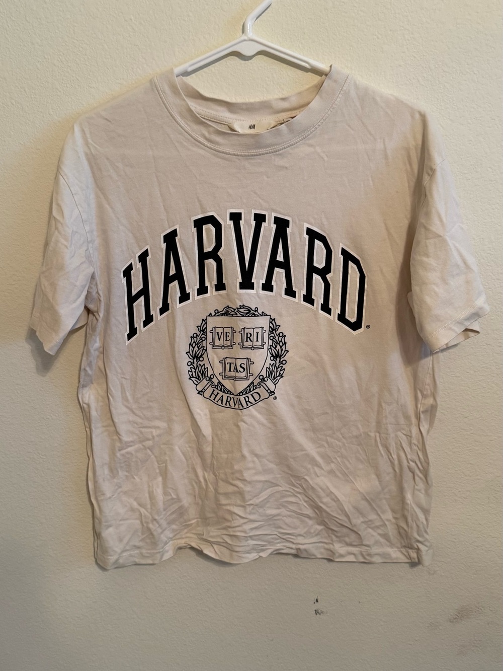 H&M Cream Short-Sleeve Harvard Crest Tee with Black Print